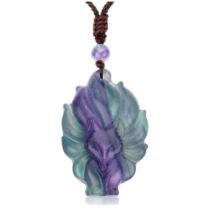 Jovivi Natural Fluorite Nine-Tailed Fox Crystal Necklace Healing Stones Gemstone Necklaces Pendant Protection Amulet Charm - Image 1