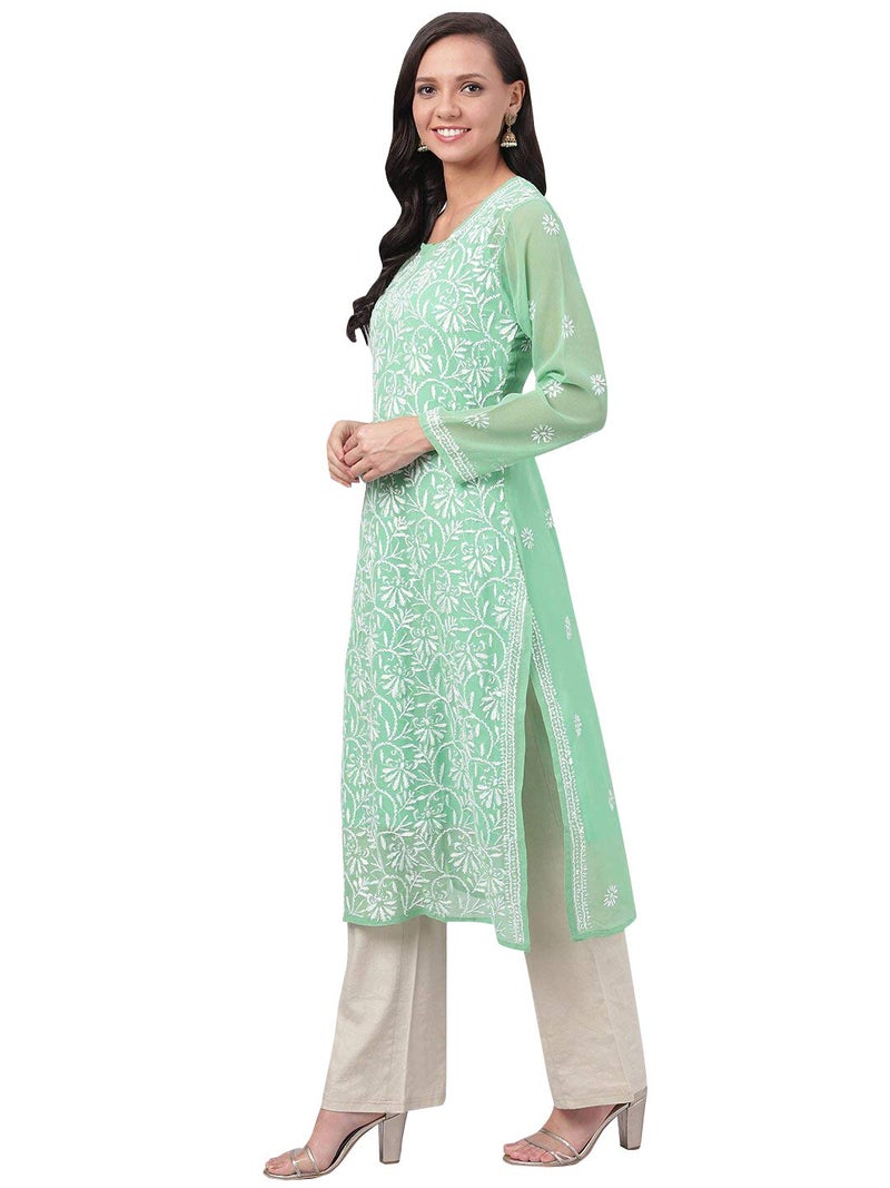 Ada Lucknowi Hand Embroidered Chikankari Green Georgette Kurta Kurti with Slip for Women A229644 (S) - Image 4