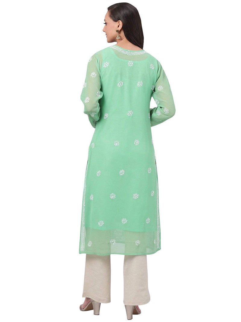 Ada Lucknowi Hand Embroidered Chikankari Green Georgette Kurta Kurti with Slip for Women A229644 (S) - Image 2