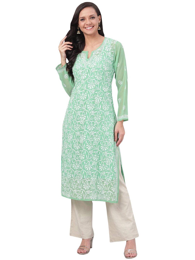 Ada Lucknowi Hand Embroidered Chikankari Green Georgette Kurta Kurti with Slip for Women A229644 (S) - Image 1