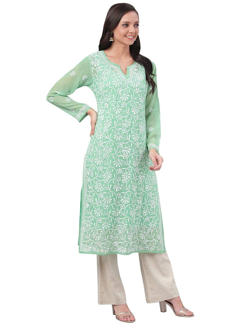 Ada Lucknowi Hand Embroidered Chikankari Green Georgette Kurta Kurti with Slip for Women A229644 (S) - Image 5