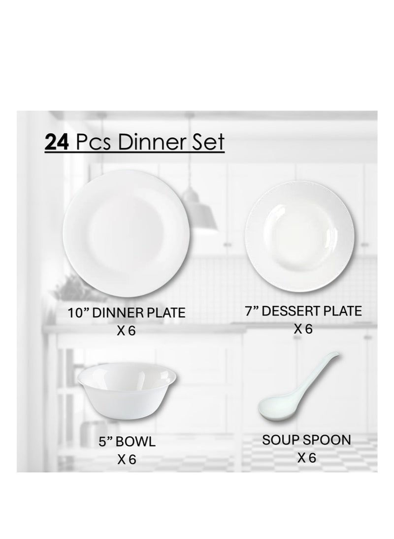 Houzi Houzi 24 Pcs Opal ware Dinner set 6 x Dinner plate 6 x Dessert plate 6 x Bowls and 6 x Soup spoon Dishwasher Microwave Freezer safe BPA Free  - Image 2