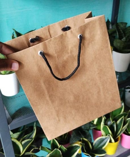 Amit Marketing Plain Brown Paper Bag with Braided Cotton Handle - 150 GSM Virgin Kraft Paper Carry Bags I Disposable, Eco-Friendly I for Return Gifts Shopping Grocery Parcel Take Out - L9xW6.5xH10Inch (50 Pcs) - Image 2