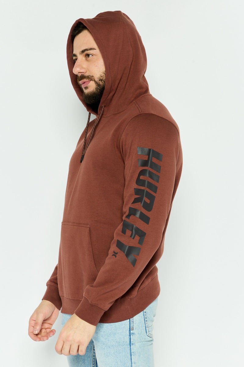 Hurley Men Hooded Long Sleeve Brand Logo Sweatshirt, Brown - Image 3
