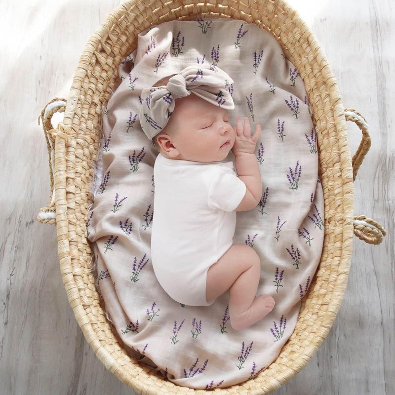 LifeTree Muslin Swaddle Blankets Muslin Baby Boy Swaddle Blanket Headband and Hat Set with Birth Announcement Card Newborn Unisex Receiving Organic Cotton Blankets Lavender Pattern - Image 2