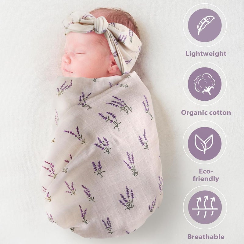 LifeTree Muslin Swaddle Blankets Muslin Baby Boy Swaddle Blanket Headband and Hat Set with Birth Announcement Card Newborn Unisex Receiving Organic Cotton Blankets Lavender Pattern - Image 5