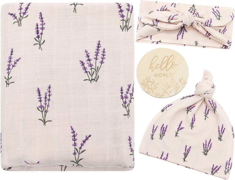 LifeTree Muslin Swaddle Blankets Muslin Baby Boy Swaddle Blanket Headband and Hat Set with Birth Announcement Card Newborn Unisex Receiving Organic Cotton Blankets Lavender Pattern - Image 1