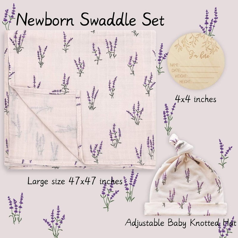 LifeTree Muslin Swaddle Blankets Muslin Baby Boy Swaddle Blanket Headband and Hat Set with Birth Announcement Card Newborn Unisex Receiving Organic Cotton Blankets Lavender Pattern - Image 4