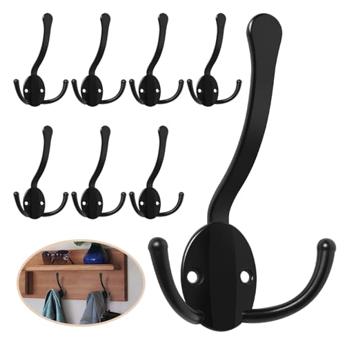Homanu 8 Pack Coat Hooks Heavy Duty Metal Three Prongs Large Coat Hooks Wall Mounted with 16 Screws No Rust Black Rustic Wall Hooks for Hanging Towel Coat Scarf Bag Hat Cup Key - Image 1