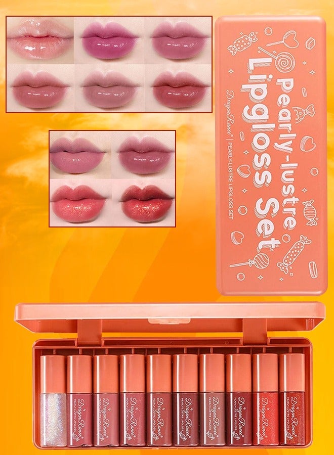 Dragon Ranee مجموعة ملمع الشفاه من 10 قطع، ملمع شفاه لامع لؤلؤي، زيت شفاه مرطب، زيت توهج الشفاه، مجموعة ملمع شفاه، ملمع شفاه لامع للغاية، أحمر شفاه سائل غير لامع بلمسة نهائية زجاجية للنساء - Image 1