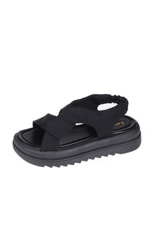 Womens New 2023 Summer Elastic Band Thick Bottom Casual Preppy Style Sandals Outer Wear One-Row Beach Shoes Polyester Lining Black upgraded version