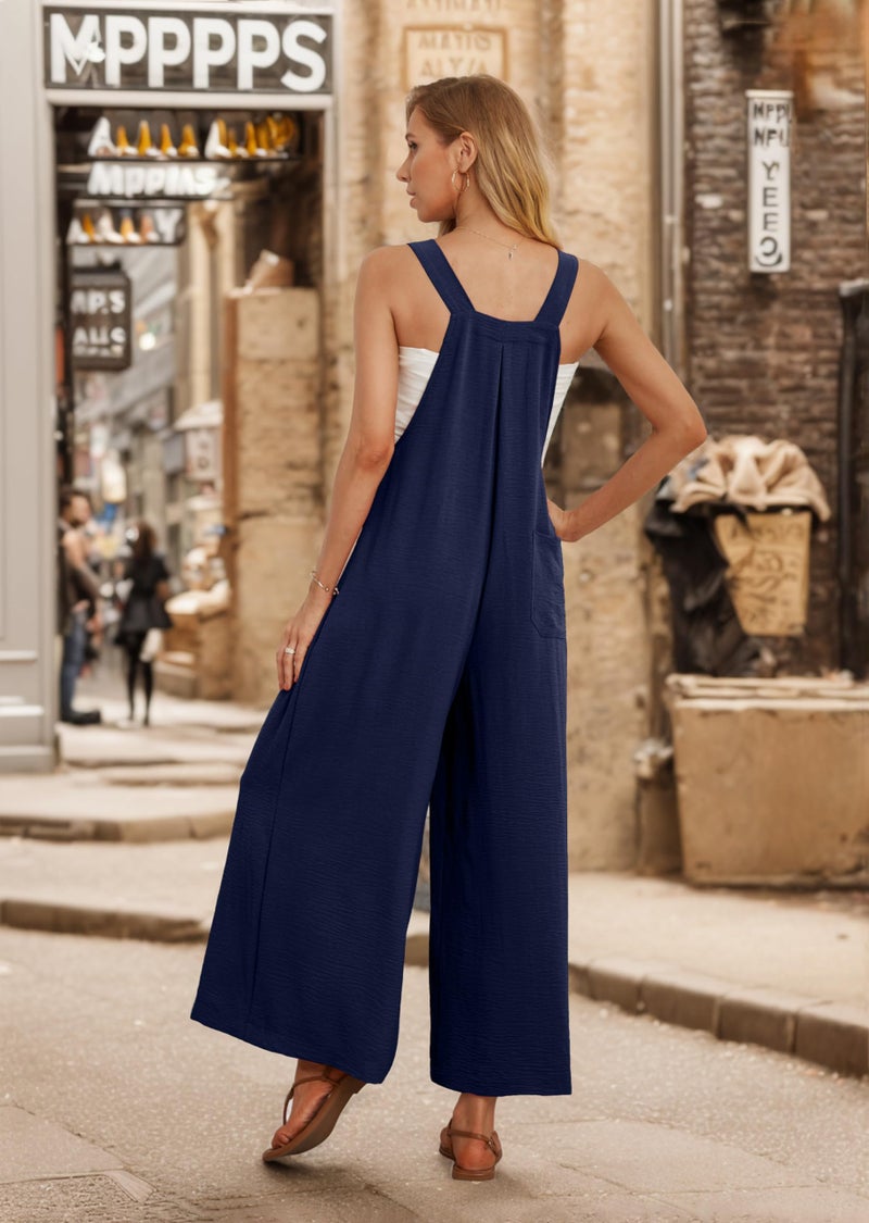 IWOLLENCE Women's Summer Jumpsuits Boho Wide Leg Overalls Casual Loose Rompers with Pockets 2024 Navy Blue Small - Image 3