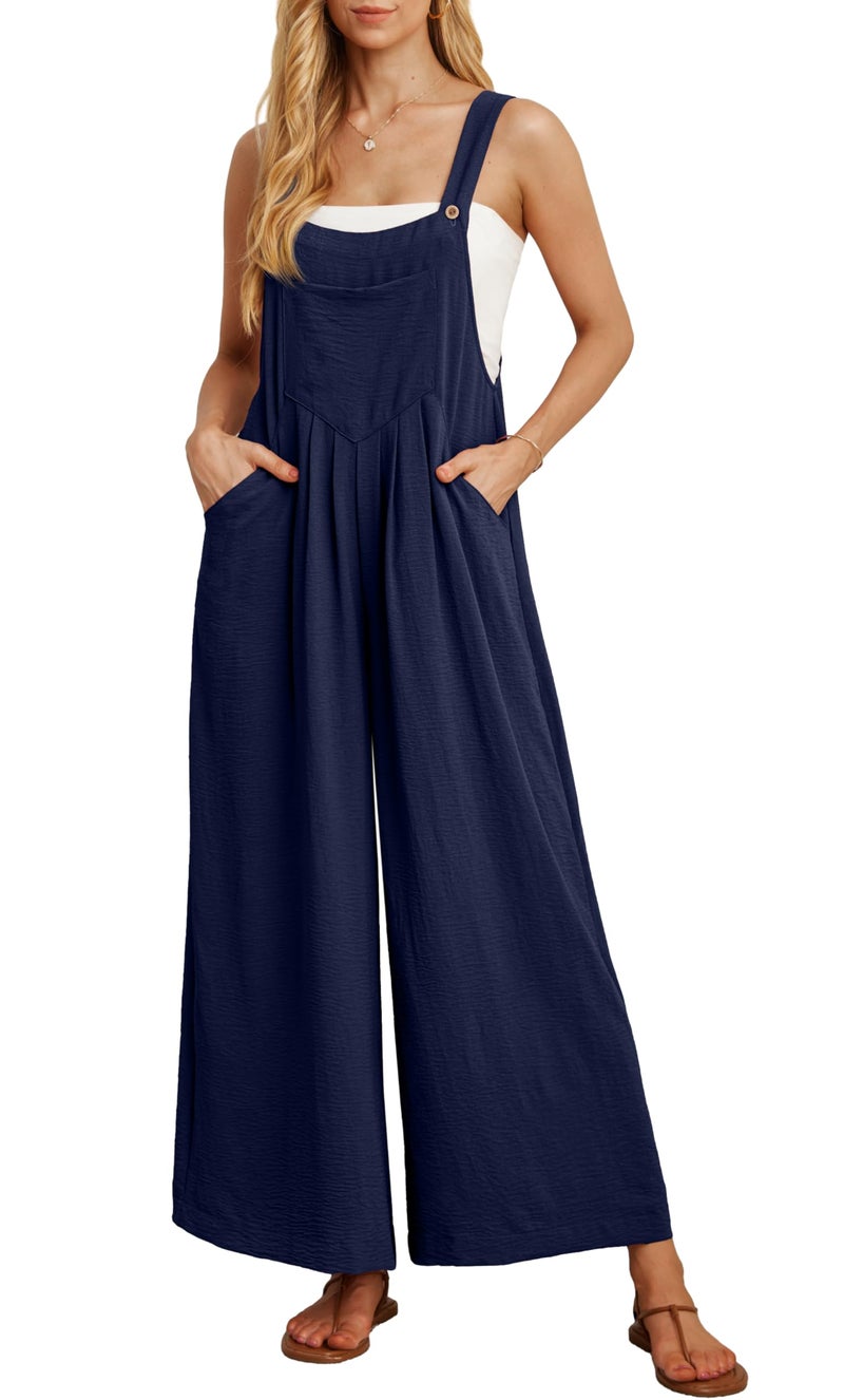 IWOLLENCE Women's Summer Jumpsuits Boho Wide Leg Overalls Casual Loose Rompers with Pockets 2024 Navy Blue Small - Image 1