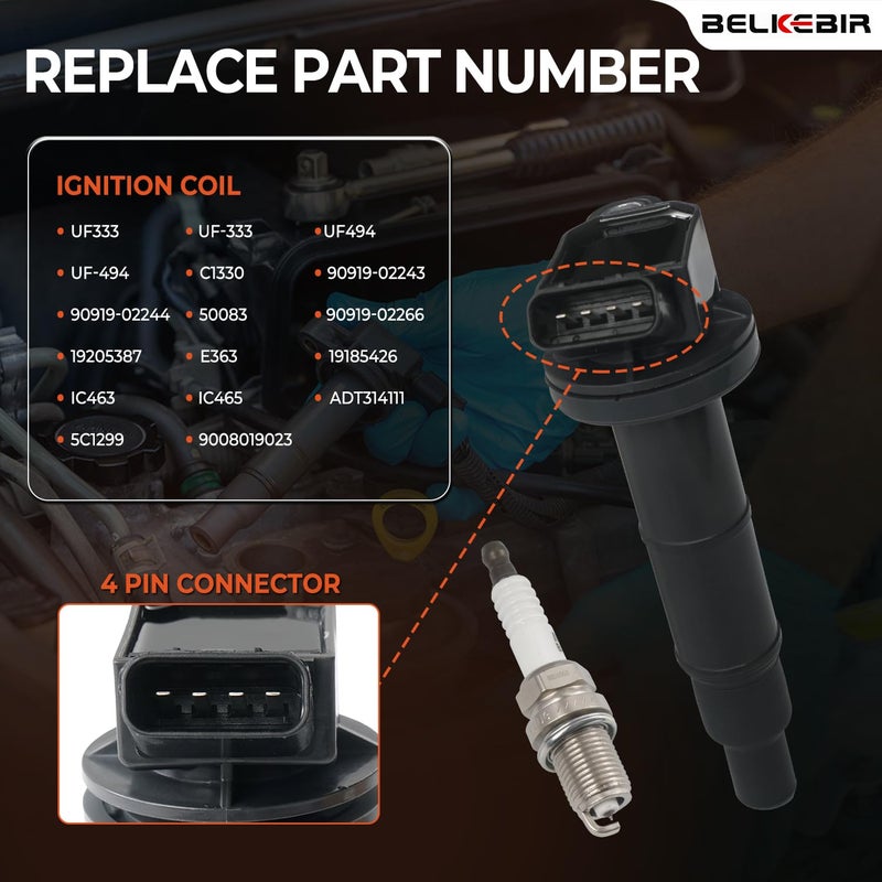 BELKEBIR Set of 4 Ignition Coil Packs & Iridium Spark Plugs Compatible with 2.0L 2.4L 2001-2012 Toyota Camry Corolla Rav4 Highlander Solara Matrix, Lexus HS250h, Scion tC xB, Pontiac Vibe Replace UF333 & 7092 - Image 3