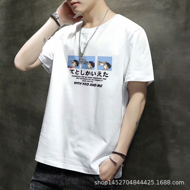 Summer New Mens Short-sleeved T-shirt Slim-fit Student Cartoon Hong Kong Style Tide Brand Round Neck Casual Loose Pullover Base cartoon white 