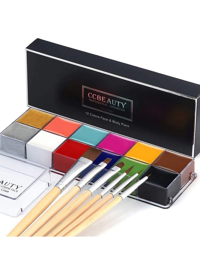 CCbeauty Professional 12 Colors Face Body Paint Kit Oil Non Toxic High Pigment Creamy Painting Palette for Halloween Costume Fancy SFX Cosplay Stage Makeup Set with 6 Wooden Premium Brushes, Deep - Image 1