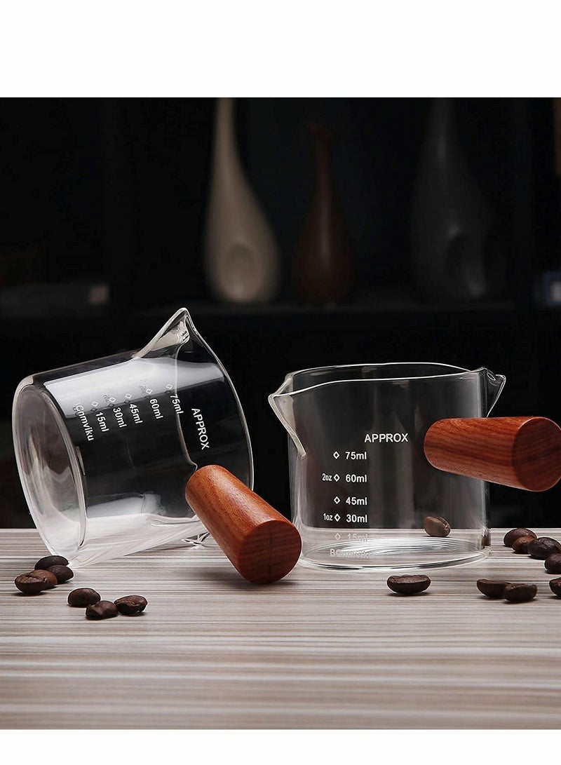 Espresso Measuring Cup, Double Spouts Triple Pitcher Milk with Wood Handle 75ML Shot Glasses Parts Clear Glass, Barista