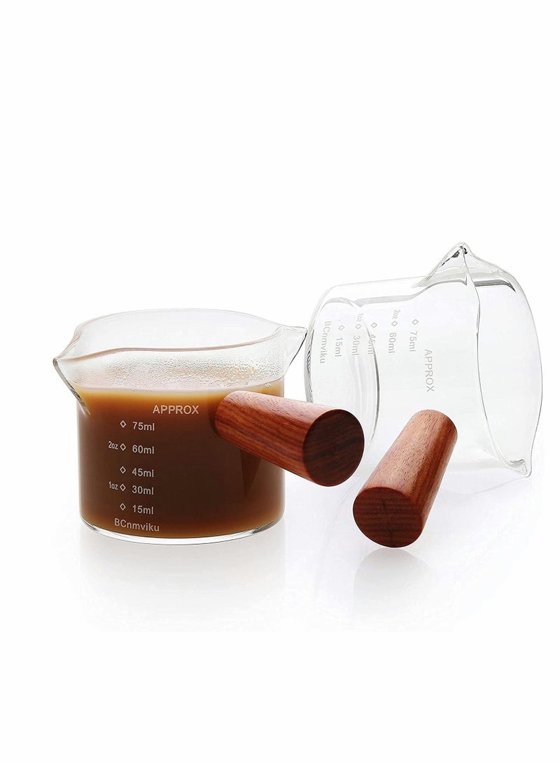 Espresso Measuring Cup, Double Spouts Triple Pitcher Milk with Wood Handle 75ML Shot Glasses Parts Clear Glass, Barista