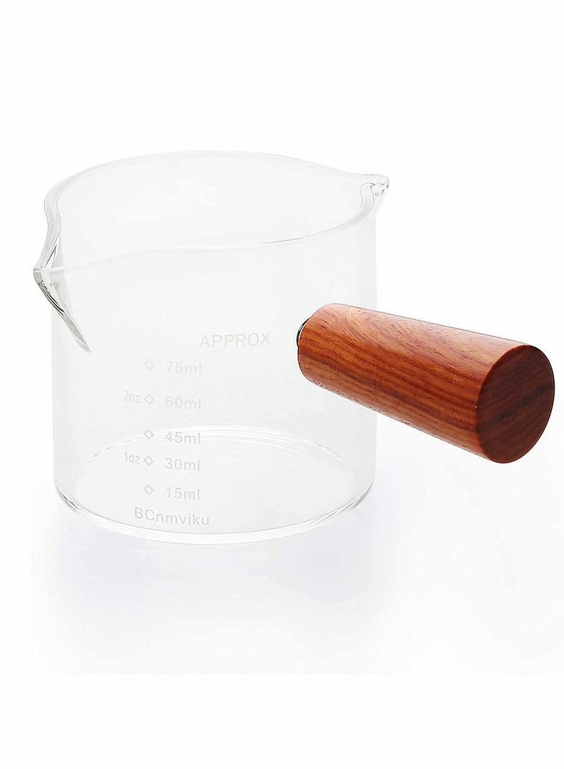 Espresso Measuring Cup, Double Spouts Triple Pitcher Milk with Wood Handle 75ML Shot Glasses Parts Clear Glass, Barista