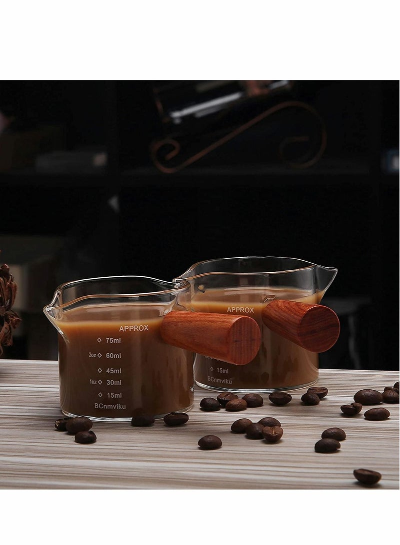 Espresso Measuring Cup, Double Spouts Triple Pitcher Milk with Wood Handle 75ML Shot Glasses Parts Clear Glass, Barista