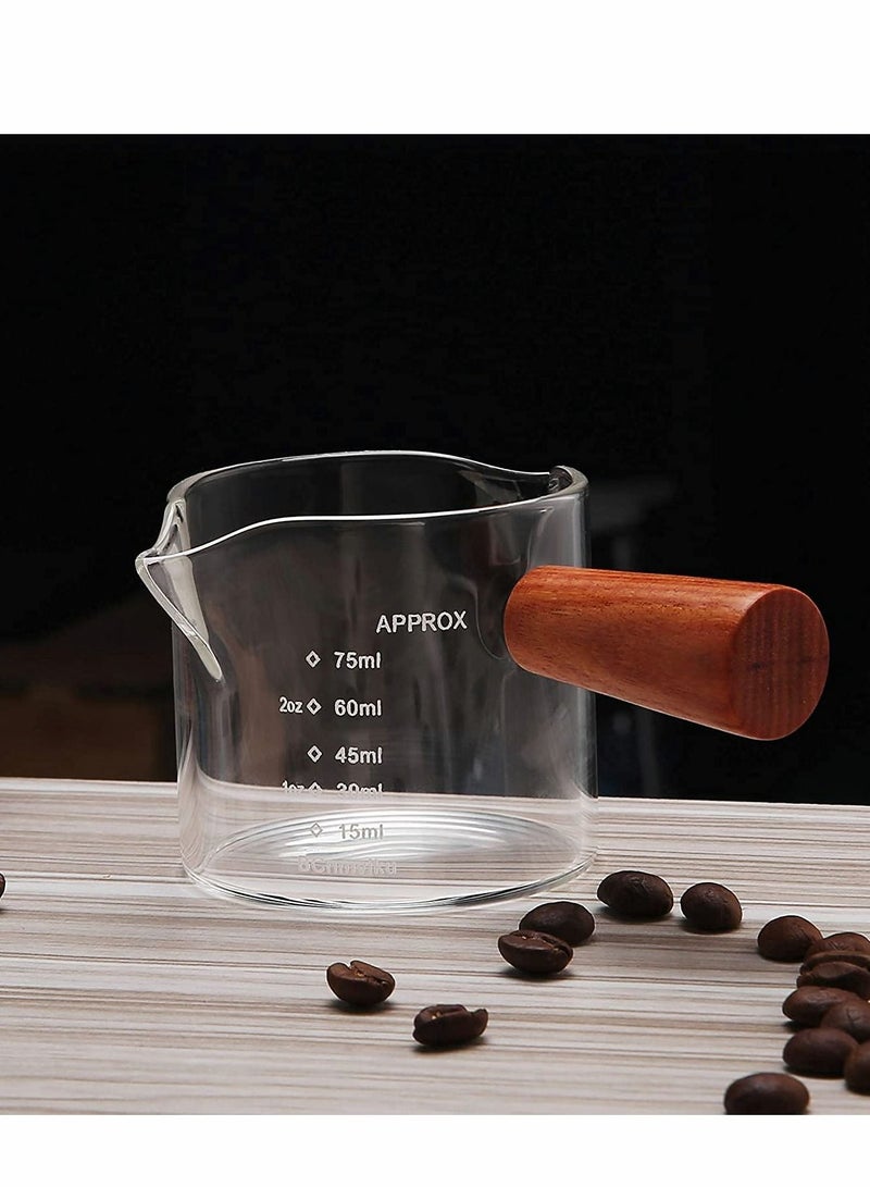 Espresso Measuring Cup, Double Spouts Triple Pitcher Milk with Wood Handle 75ML Shot Glasses Parts Clear Glass, Barista
