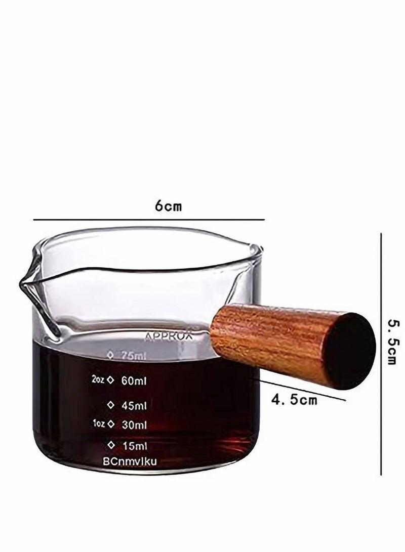 Espresso Measuring Cup, Double Spouts Triple Pitcher Milk with Wood Handle 75ML Shot Glasses Parts Clear Glass, Barista