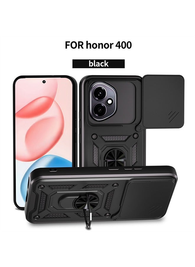 Compatible for Honor 400 5G Case with Sliding Camera, Integrated 360 Degree Rotating Ring Kickstand, Shockproof Protective Cover, Anti-Fall Drop Protection, Shockproof Case, Black - Image 1