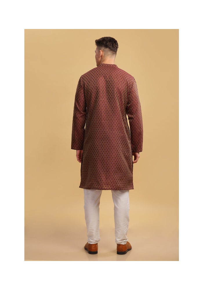 ARCHATTIRE Men’s Brown Jacquard Long Kurta for Men - Image 2