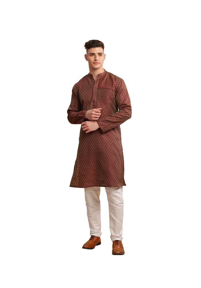 ARCHATTIRE Men’s Brown Jacquard Long Kurta for Men - Image 1