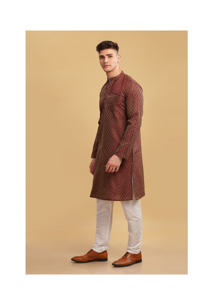ARCHATTIRE Men’s Brown Jacquard Long Kurta for Men - Image 5
