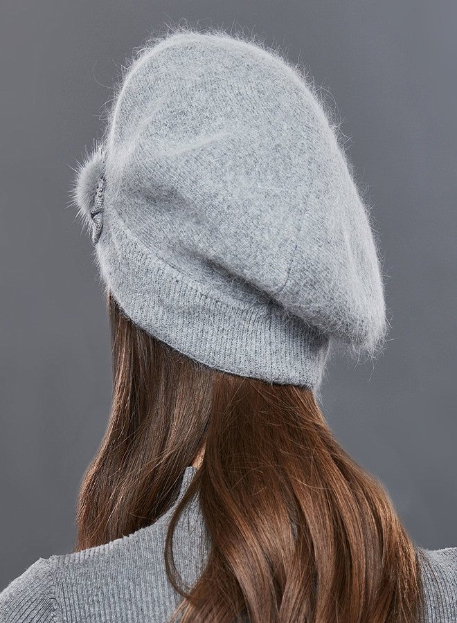 SOMALER Winter French Beret for Women 100% Angora Wool Classic Beret Beanie Light Grey - Image 3