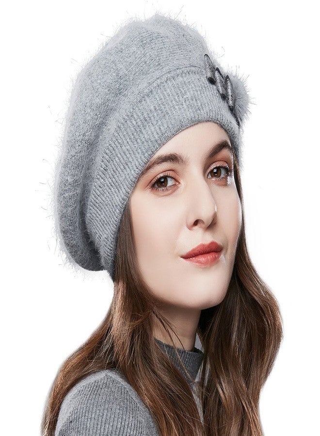 SOMALER Winter French Beret for Women 100% Angora Wool Classic Beret Beanie Light Grey - Image 1