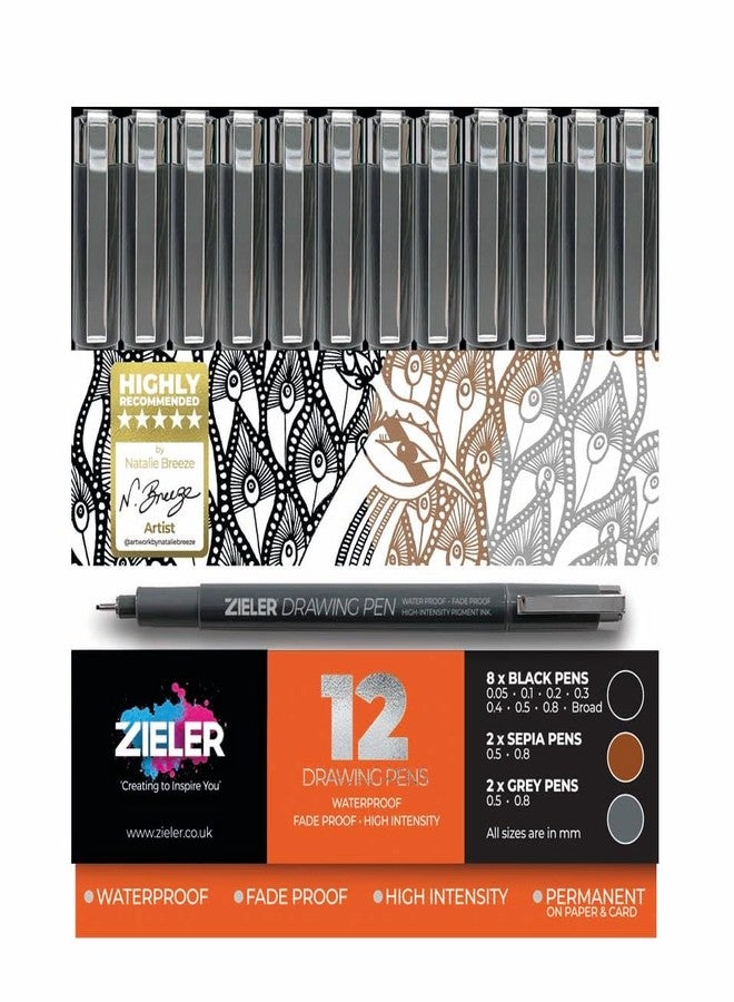 Zieler 12 Fineliner Drawing Pens (Black, Sepia & Grey) Water & Fade Proof Pigment liners. Quick-Drying & Anti-Smear Micro Pens. Ideal for Technical Drawing, Sketching, Stenciling & Outlining - Image 1