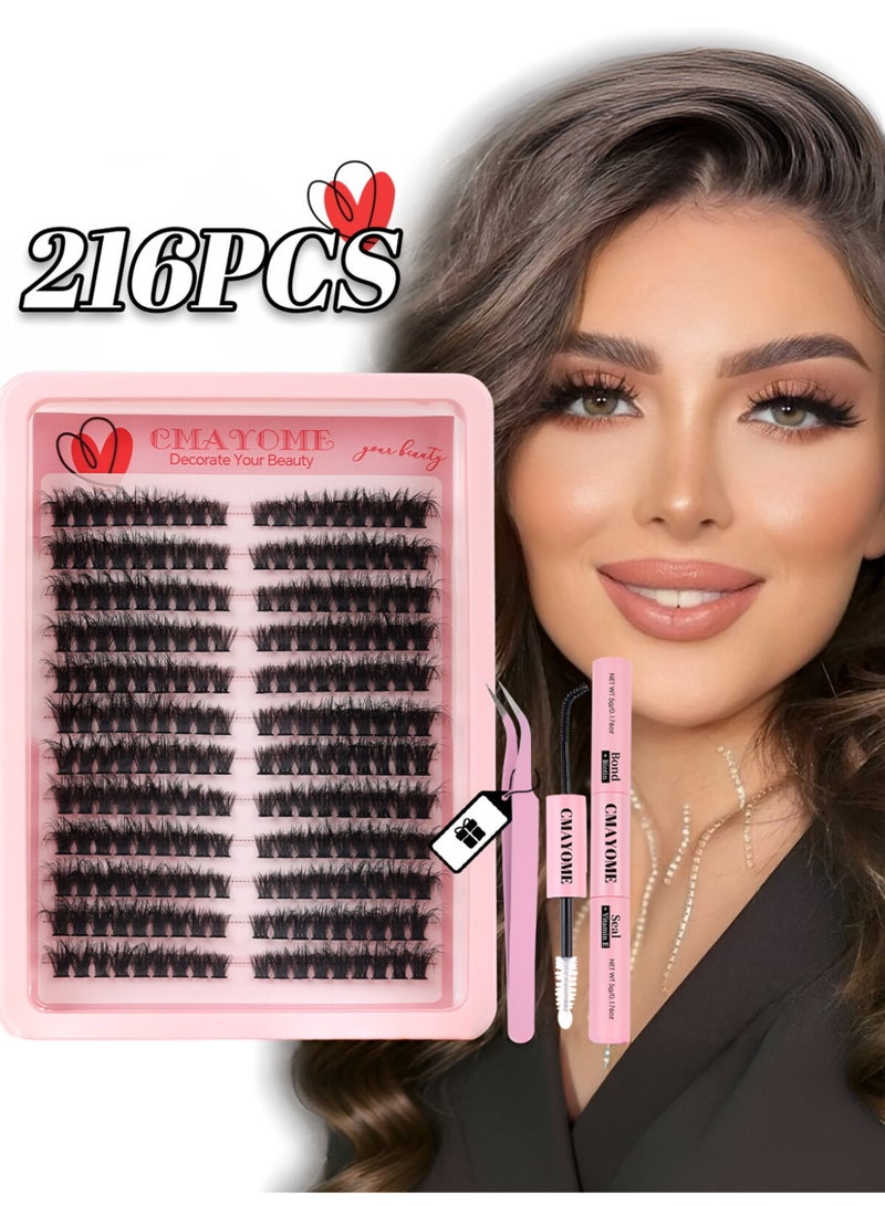 كمايو مجموعة وصلات رموش مكونة من 216 قطعة، مع غراء لاصق للرموش وملقط للرموش، رموش صناعية خفيفة وكثيفة، وصلات رموش صناعية فردية للنساء، مناسبة للاستخدام المنزلي. - Image 1