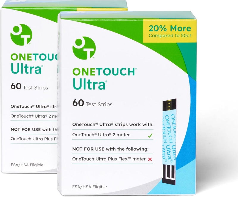 ONETOUCH شرائط اختبار OneTouch Ultra لمرض السكري - 120 قطعة شرائط اختبار السكري | شرائط اختبار سكر الدم لمجموعة مراقبة الجلوكوز في الدم (علبتان، 60 شريط اختبار سكري لكل منهما)