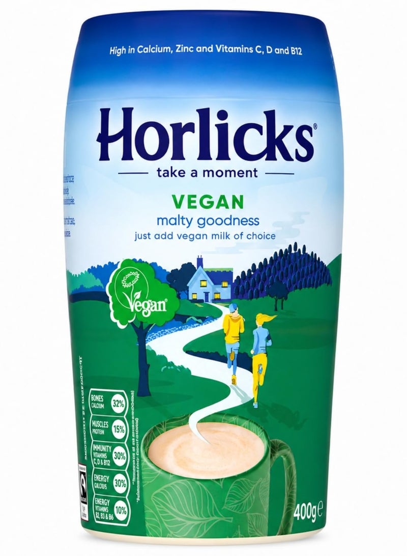 HORLICKS - Vegan Malty Goodness Health Drink Powder (400g) By COUGAR | Dairy Free Malt Beverage | Plant Based Nutritional Drink Mix for Daily Wellness & Energy Support – (Imported-UK) - Image 1