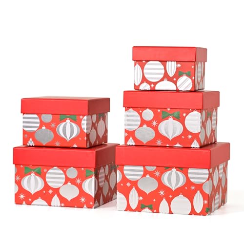 PAPER FAIR 5PCS Christmas Nesting Gift Boxes Set Red Silver Foil Lantern Flat Square Cardboard Nested Box with Lid for Gift Wrapping Holiday Present Xmas Birthday Assorted Size