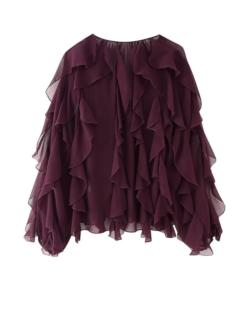 HangNiFang Ruffled Multi-Layered Summer Blouse for Women Trendy Semi See Through V-Neck Long Sleeve Button Chiffon Shirt Tops(1269-WineRed-L) - Image 4