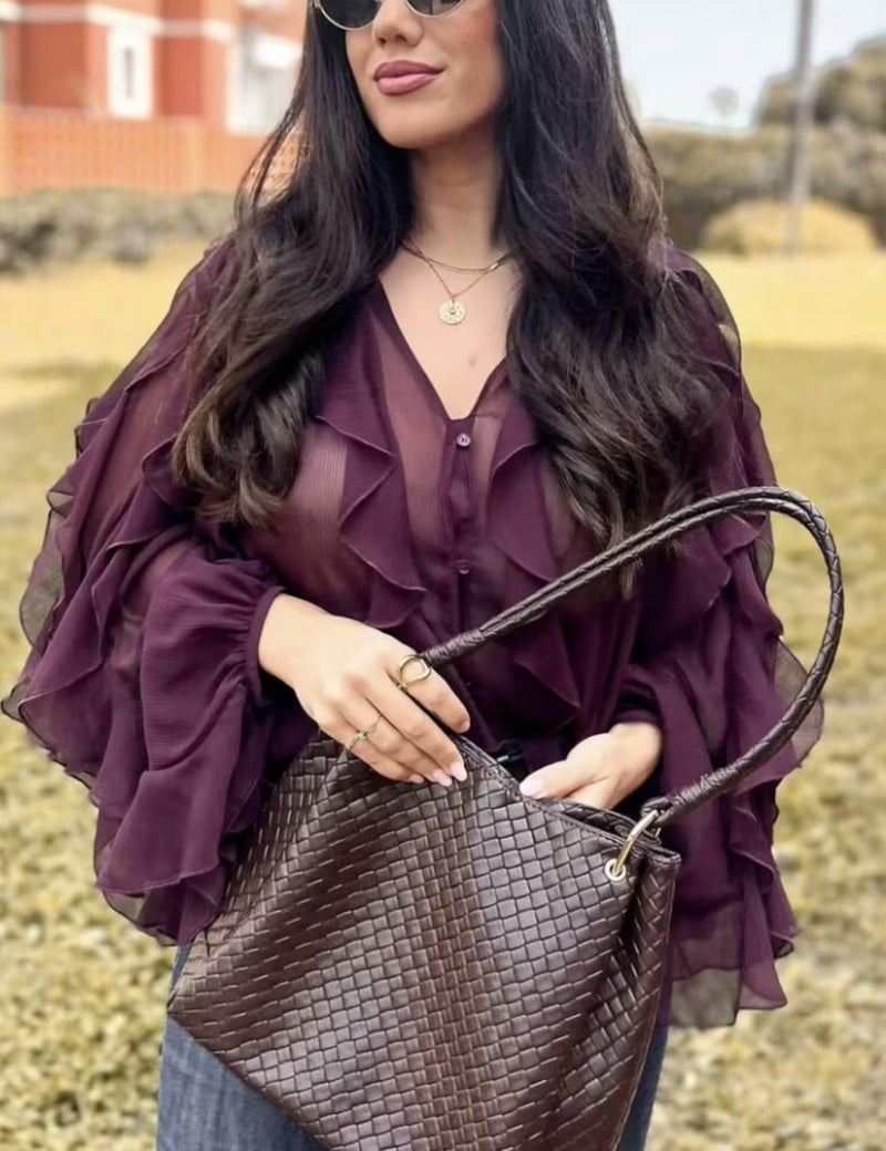 HangNiFang Ruffled Multi-Layered Summer Blouse for Women Trendy Semi See Through V-Neck Long Sleeve Button Chiffon Shirt Tops(1269-WineRed-L) - Image 3