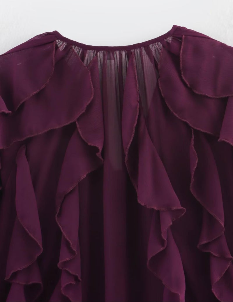 HangNiFang Ruffled Multi-Layered Summer Blouse for Women Trendy Semi See Through V-Neck Long Sleeve Button Chiffon Shirt Tops(1269-WineRed-L) - Image 5