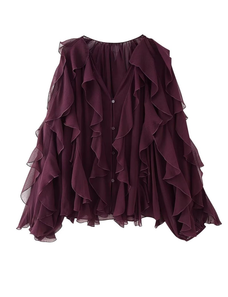 HangNiFang Ruffled Multi-Layered Summer Blouse for Women Trendy Semi See Through V-Neck Long Sleeve Button Chiffon Shirt Tops(1269-WineRed-L) - Image 1