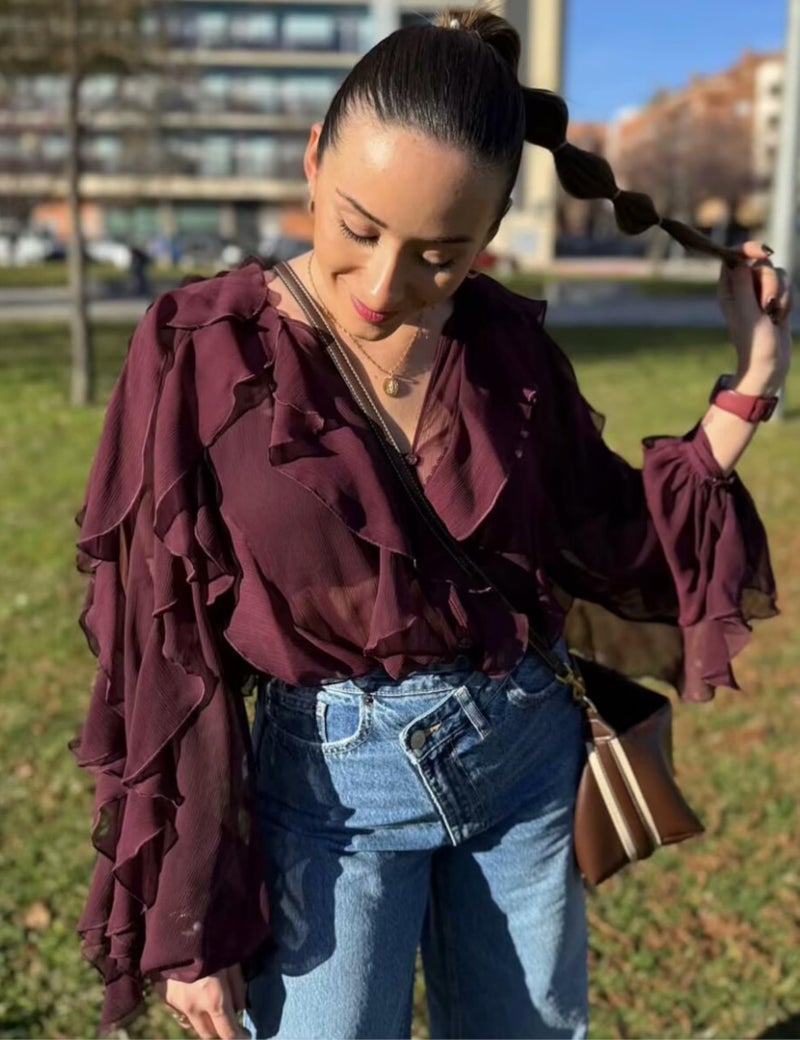 HangNiFang Ruffled Multi-Layered Summer Blouse for Women Trendy Semi See Through V-Neck Long Sleeve Button Chiffon Shirt Tops(1269-WineRed-L) - Image 2