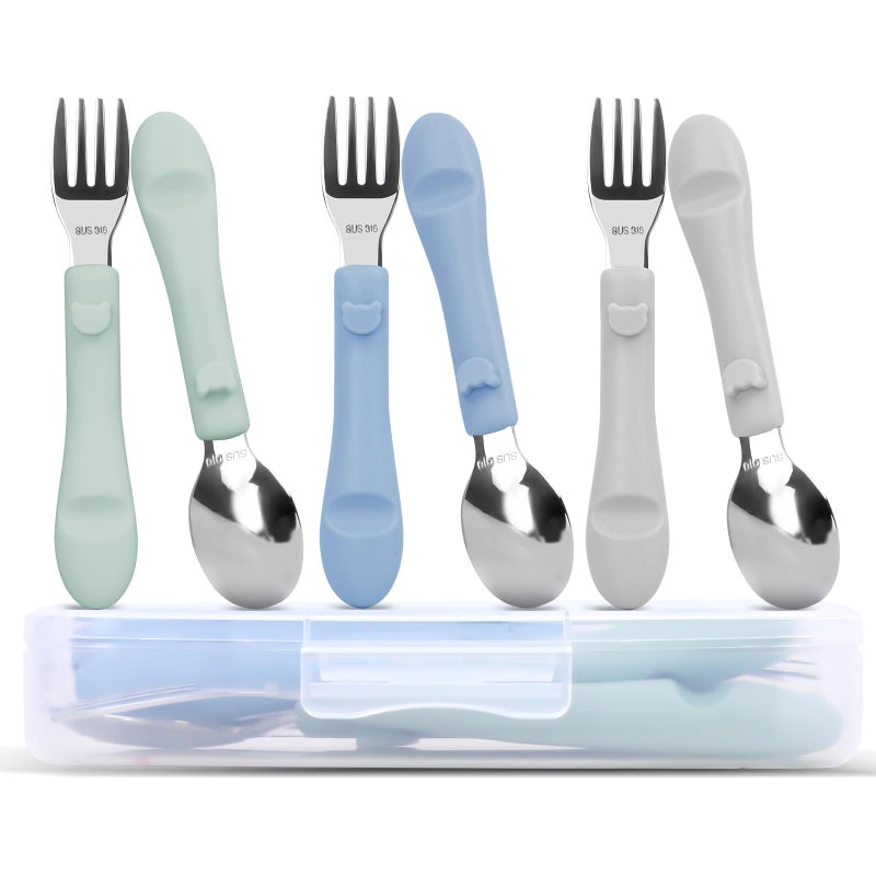 Bakpoco 6PCS Toddler Utensils, 316 Stainless Steel Baby Safe Forks + Spoons with Silicone Handle, BPA Free Dishwasher Safe Kids Silverware Cutlery with Box, Sage/Blue/Gray - Image 1