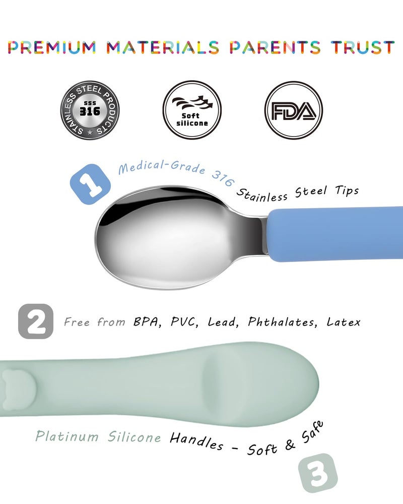 Bakpoco 6PCS Toddler Utensils, 316 Stainless Steel Baby Safe Forks + Spoons with Silicone Handle, BPA Free Dishwasher Safe Kids Silverware Cutlery with Box, Sage/Blue/Gray - Image 2