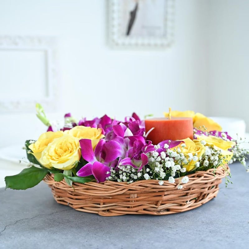 FlowerAura Love Hamper Includes Fresh Live 8 Yellow Rose 8 Purple Flowers With Candle In Basket For Valentines Day Gift Birthday Gift Anniversary Gift Mothers Day Gift Same Day Delivery - Image 2