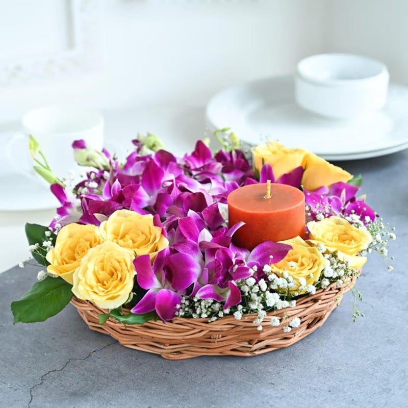 FlowerAura Love Hamper Includes Fresh Live 8 Yellow Rose 8 Purple Flowers With Candle In Basket For Valentines Day Gift Birthday Gift Anniversary Gift Mothers Day Gift Same Day Delivery - Image 1