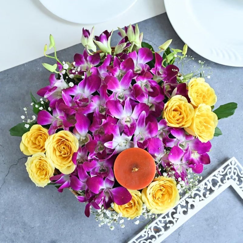 FlowerAura Love Hamper Includes Fresh Live 8 Yellow Rose 8 Purple Flowers With Candle In Basket For Valentines Day Gift Birthday Gift Anniversary Gift Mothers Day Gift Same Day Delivery - Image 4