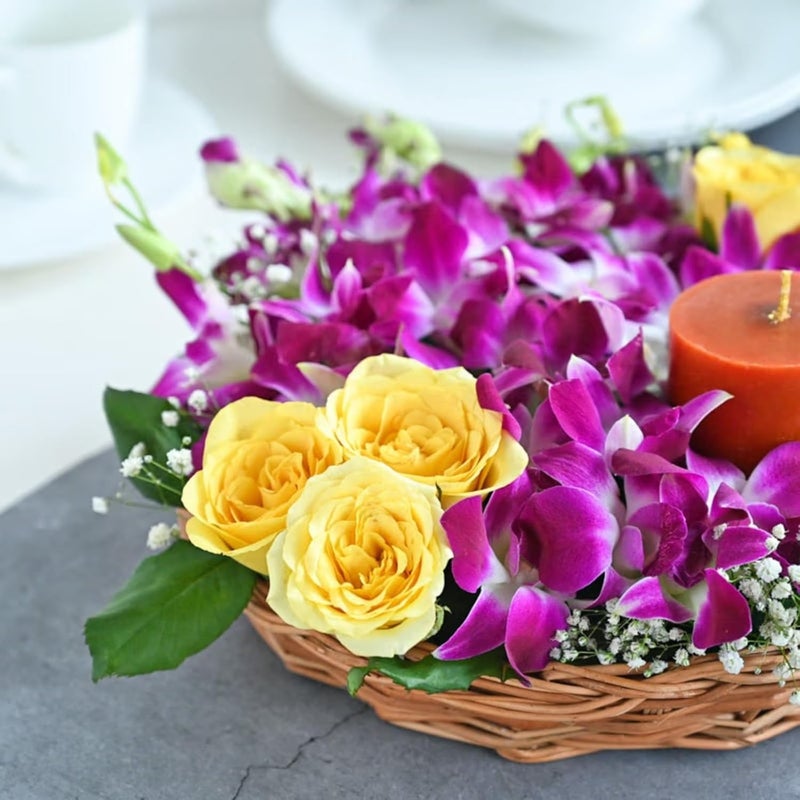 FlowerAura Love Hamper Includes Fresh Live 8 Yellow Rose 8 Purple Flowers With Candle In Basket For Valentines Day Gift Birthday Gift Anniversary Gift Mothers Day Gift Same Day Delivery - Image 3