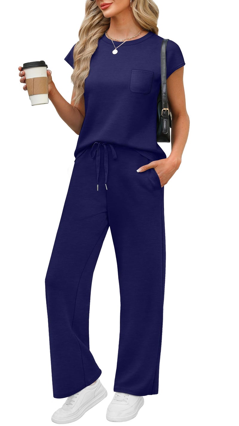 WIHOLL Lounge Sets for Women 2 Piece Summer Vacation Outfits 2026 Business Casual Womens Loungewear Sets Cap Sleeve Pjs Going Out Outfits Wide Leg Pants Matching Sets Women Clothing Navy Blue L - Image 1