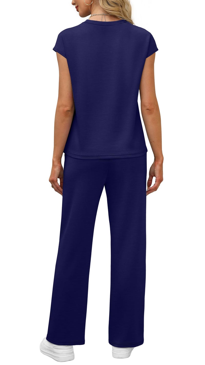 WIHOLL Lounge Sets for Women 2 Piece Summer Vacation Outfits 2026 Business Casual Womens Loungewear Sets Cap Sleeve Pjs Going Out Outfits Wide Leg Pants Matching Sets Women Clothing Navy Blue L - Image 5